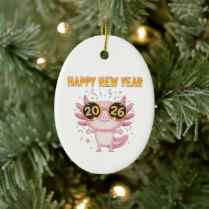 Ornamento De Cerâmica Feliz Ano Novo 2026 Axolotl Festa Fofa