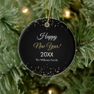 Ornamento De Cerâmica Feliz Ano Novo Brilho Dourado Preto