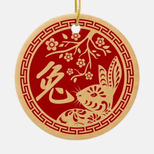 Ornamento De Cerâmica Feliz Ano Novo Chinês do Coelho 2023 (Frente)