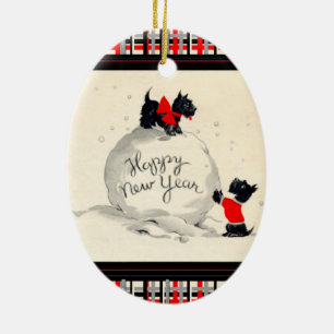 Ornamento De Cerâmica Feliz ano novo Scottie dog