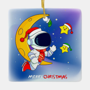 Ornamento De Cerâmica Feliz Astronauta de Natal e Lua