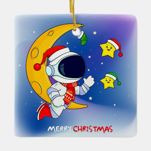 Ornamento De Cerâmica Feliz Astronauta de Natal e Lua (Frente)