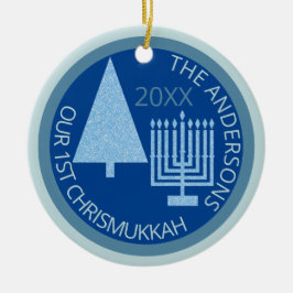 Ornamento De Cerâmica Feliz Azul Interreligioso Fora 1 rua Chrismukkah F