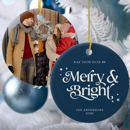 Ornamento De Cerâmica Feliz Azul Minimalista e Foto Brilhante Natal