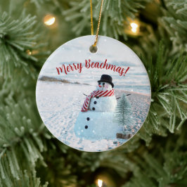 Ornamento De Cerâmica Feliz Beachmas Snowy Sandy Snowman -