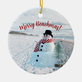 Ornamento De Cerâmica Feliz Beachmas Snowy Sandy Snowman -