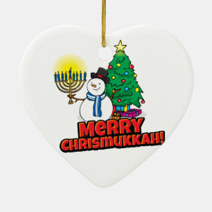 Ornamento De Cerâmica Feliz branca Chrismukkah com Snowman e Menorah