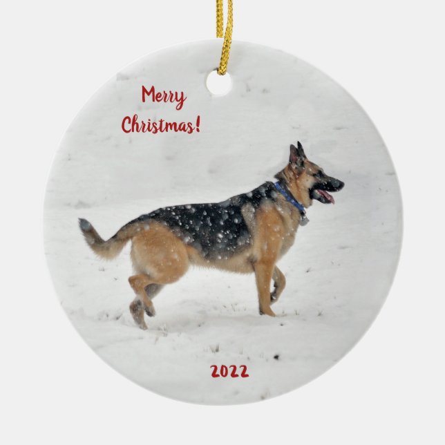 Ornamento De Cerâmica Feliz Cachorro German shepherd de resgate na neve  (Frente)