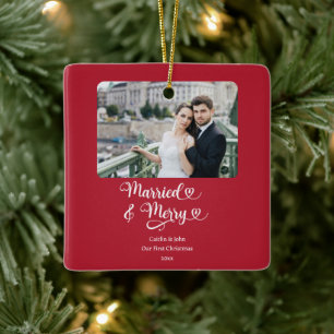 Ornamento De Cerâmica Feliz casada Newlyweds 1rua Foto de Natal Vermelho