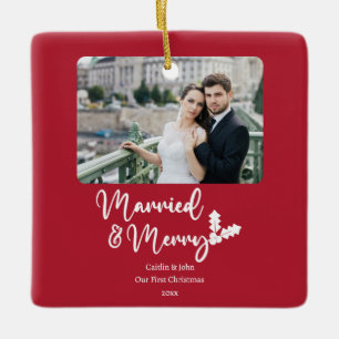 Ornamento De Cerâmica Feliz Casada Newlyweds Primeiro Foto De Natal Verm