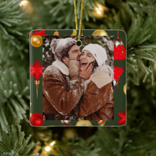Ornamento De Cerâmica Feliz Casal PERSONALIZADO Dourado Natal Verde Verm
