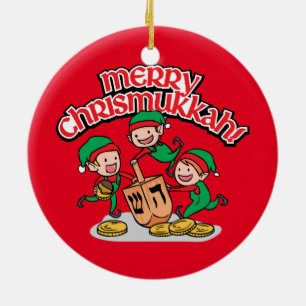 Ornamento De Cerâmica Feliz Chrismukkah com Elfos e Sonhos