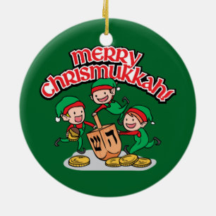 Ornamento De Cerâmica Feliz Chrismukkah com Elfos e Sonhos