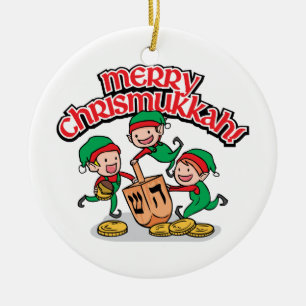 Ornamento De Cerâmica Feliz Chrismukkah com Elfos e Sonhos