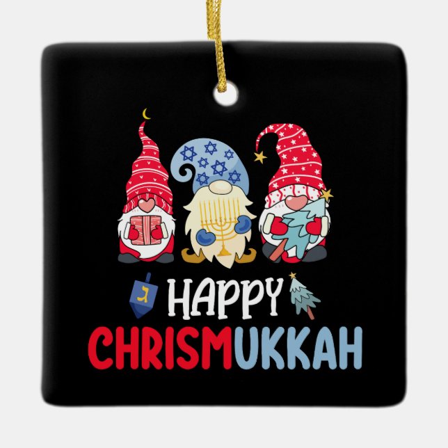 Ornamento De Cerâmica Feliz Chrismukkah Gnomos Hanukkah Feliz Natal (Frente)
