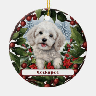Ornamento De Cerâmica Feliz Cockapoo Branco, Natal Personalizado