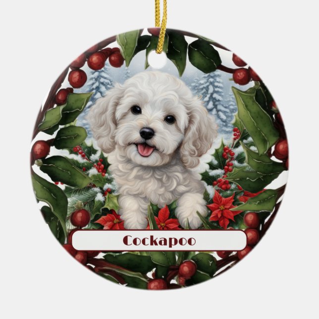 Ornamento De Cerâmica Feliz Cockapoo Branco, Natal Personalizado (Frente)