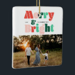 Ornamento De Cerâmica Feliz colorida moderna e foto brilhante<br><div class="desc">Feliz de fotos moderna e design de cartão de Natal vibrante e brilhante</div>