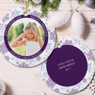 Ornamento De Cerâmica Feliz com floco de neve roxo e foto de Natal