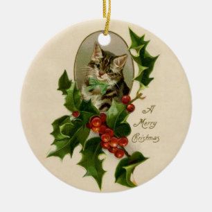 Ornamento De Cerâmica Feliz de Natal Holly Kitten Arte Antiquada