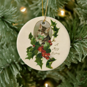 Ornamento De Cerâmica Feliz de Natal Holly Kitten Arte Antiquada