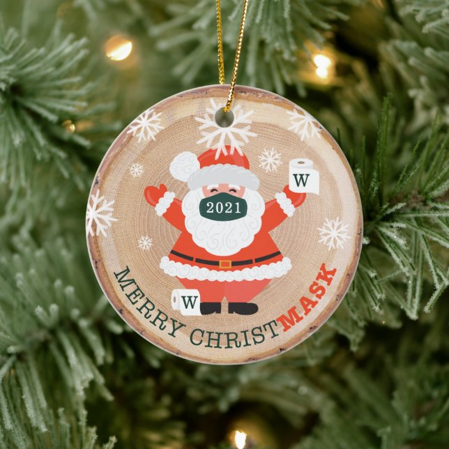 Ornamento De Cerâmica Feliz de Papais noeis de máscara e papel higiênico (Árvore)