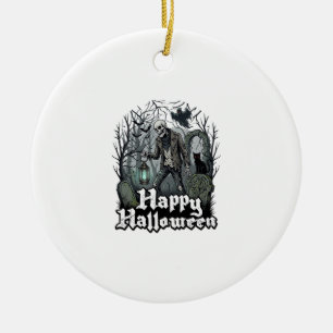 Ornamento De Cerâmica Feliz Dia das Bruxas Esqueleto Lanterna Gato Preto