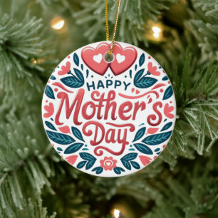 Ornamento De Cerâmica Feliz Dia das Mães - Coração Botânico & Caligrafia