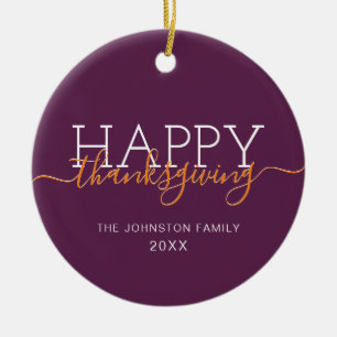 Ornamento De Cerâmica Feliz Dia de Ação de Graças de Roxo Escuro