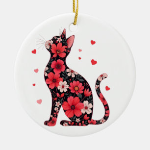 Ornamento De Cerâmica Feliz Dia de os namorados de Gato Floral do Dia de