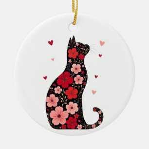 Ornamento De Cerâmica Feliz Dia de os namorados de Gato Floral do Dia de