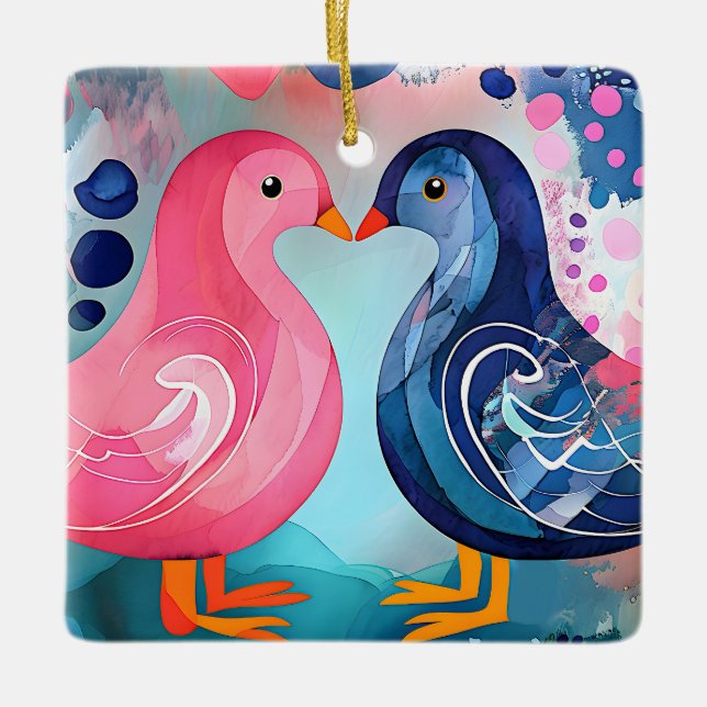 Ornamento De Cerâmica feliz dia de os namorados "Um Beijo em Penas" (Frente)