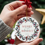 Ornamento De Cerâmica Feliz e Bright Christmas Greenery Wreath Foto<br><div class="desc">Feliz e ornamento Brilhante apresentam uma bela coroa de Natal. Você pode facilmente adicionar sua foto ao lado traseiro do ornamento.</div>