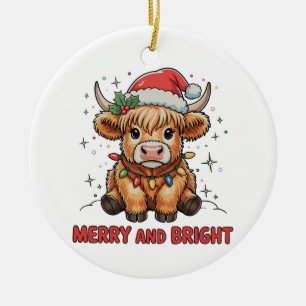 Ornamento De Cerâmica Feliz e Bright Highland Highland Baby Cow no Natal