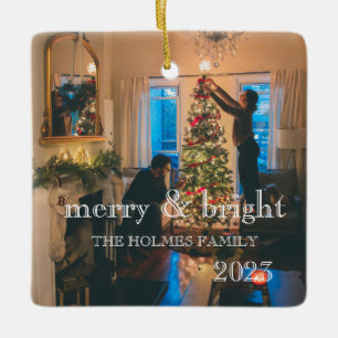 Ornamento De Cerâmica Feliz e Brilho   Foto do Casal de Natal moderno O
