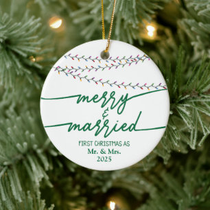 Ornamento De Cerâmica Feliz e casado Primeiro Natal como personalizado