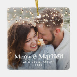Ornamento De Cerâmica Feliz e foto casada casamento Twinkle