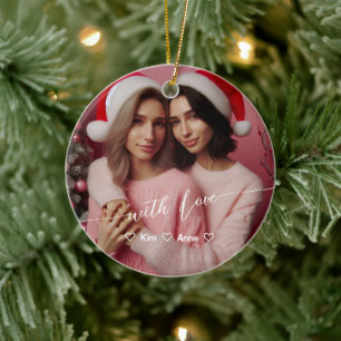 Ornamento De Cerâmica Feliz e Lésbica Brilhante Rosa Foto personalizad