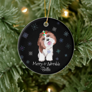 Ornamento De Cerâmica Feliz e Snowflake Tzu Adorável com Nome de Cão