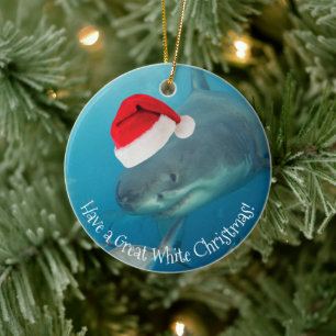 Ornamento De Cerâmica Feliz Excelente Branco Tubarão Natal Santa Hat Eng