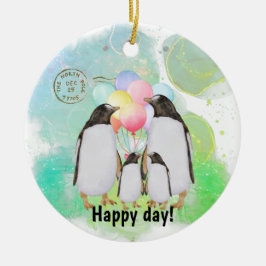 Ornamento De Cerâmica Feliz família de pinguins com balões coloridos