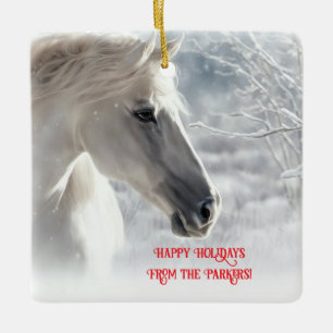 Ornamento De Cerâmica Feliz Feriados - Nome Personalizado Cavalo na Neve