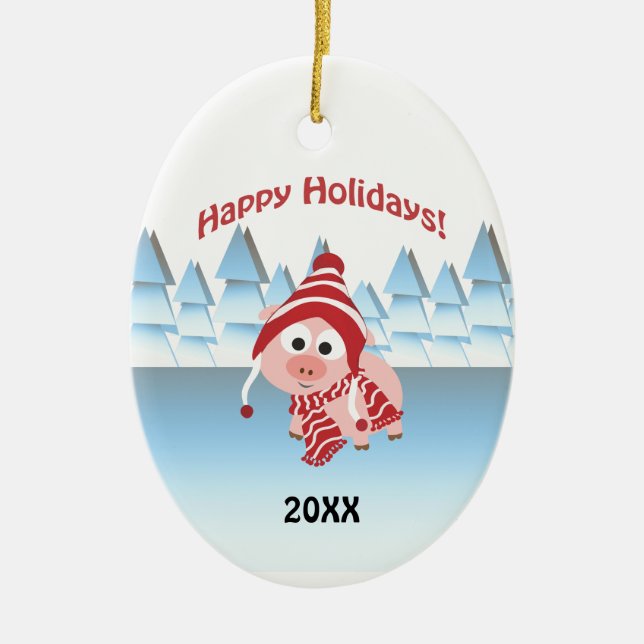 Ornamento De Cerâmica Feliz Férias! Porco Inverno (Frente)