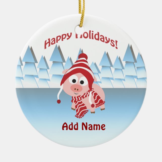 Ornamento De Cerâmica Feliz Férias! Porco Inverno (Frente)