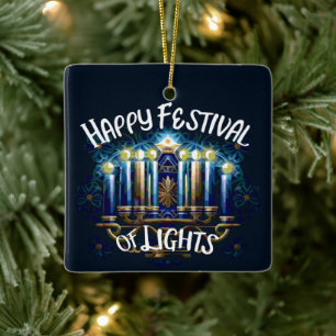 Ornamento De Cerâmica Feliz Festival das Luzes Hanukkah Menorah