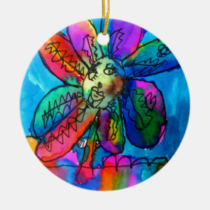 Ornamento De Cerâmica Feliz Flor arte infantil rosa e azul caneta e tint