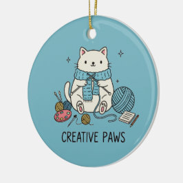 Ornamento De Cerâmica Feliz Gato Branco Tecendo Fio Azul Decoração para