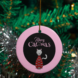 Ornamento De Cerâmica Feliz Gato-Mas Rosa/Natal Preto