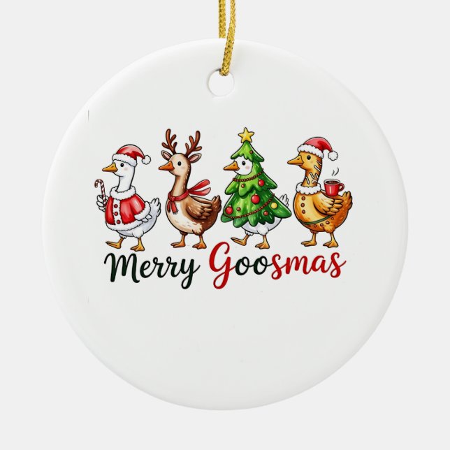 Ornamento De Cerâmica Feliz Goosemas Ganso de Natal Vestindo Papai Noel (Frente)