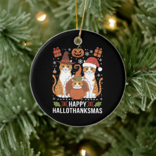 Ornamento De Cerâmica Feliz Hallothanksmas Gatos Dia das Bruxas Natal